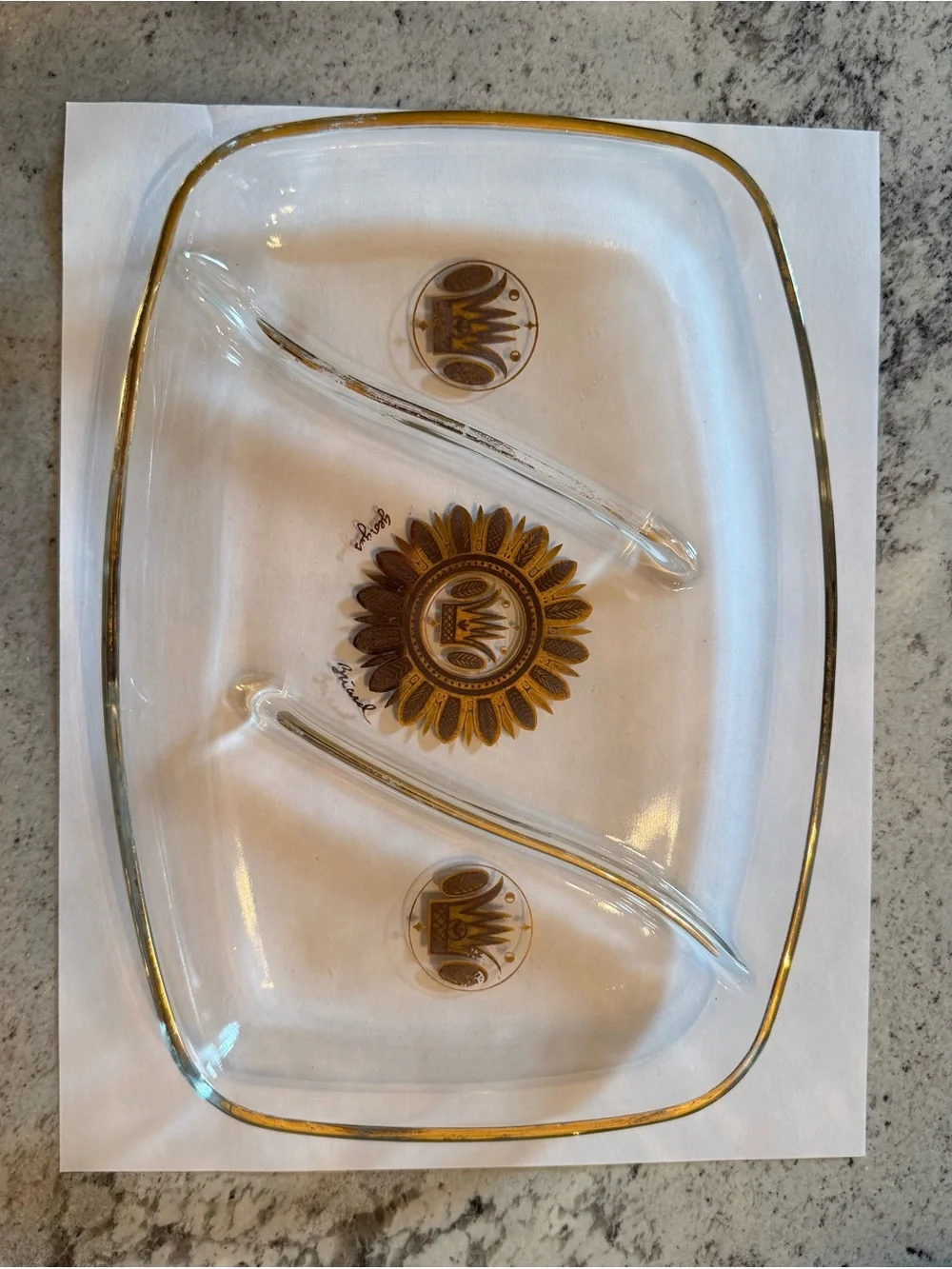 Gold-Trim Clear Glass Divided Serving Tray with Sunburst Medallions